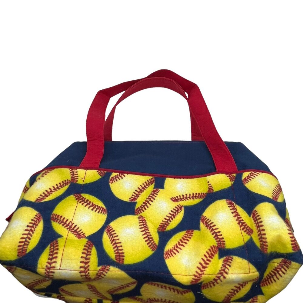 Baseball Handbag Flannel Handmade Blue Red Yellow Vintage 80s Purse Zip Top